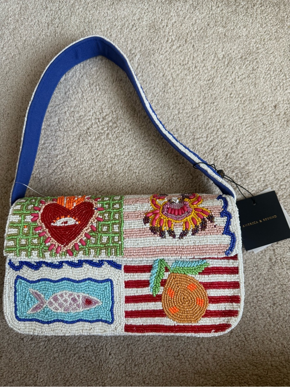 America & Beyond Beaded Patchwork Shoulder Bag in Multi print design